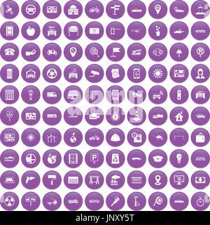 100 car icons set purple Stock Vector