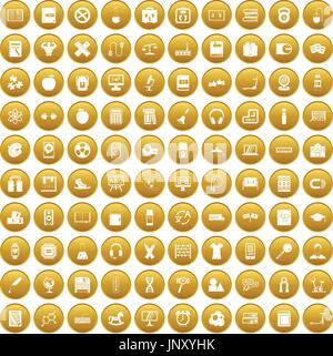 100 learning kids icons set gold Stock Vector
