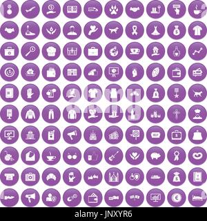 100 charity icons set purple Stock Vector
