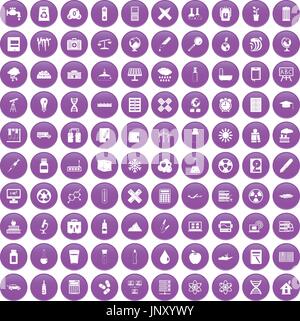 100 chemistry icons set purple Stock Vector