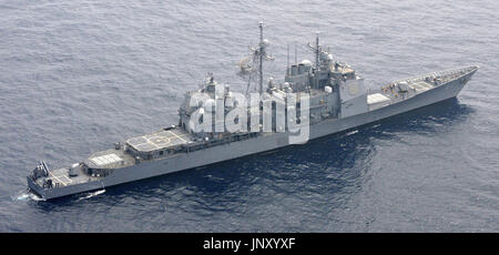 NAHA, Japan - Photo from a plane chartered by Kyodo News shows the U.S. Navy guided missile cruiser Shiloh about 60 kilometers northeast of Miyako Island, Okinawa Prefecture, on April 12, 2012. (Kyodo)