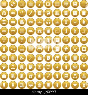 100 library icons set gold Stock Vector