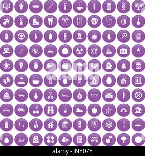 100 child health icons set purple Stock Vector