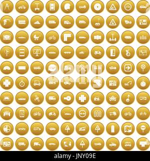 100 location icons set gold Stock Vector