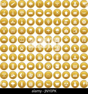 100 lumberjack icons set gold Stock Vector