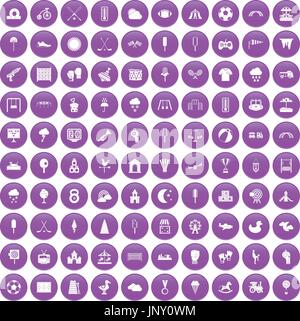 100 childrens playground icons set purple Stock Vector