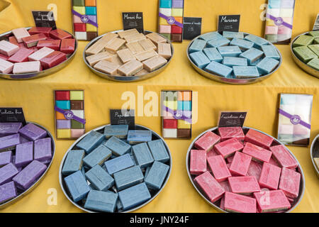 Eze, Alpes-Maritimes, France - October 11, 2015: Marseille soaps for sale in Eze, tourist town on the Mediterranean in the French Riviera. Stock Photo