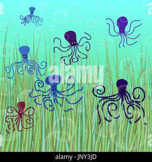 abstract vector underwater background with octopuses and bubbles Stock Vector
