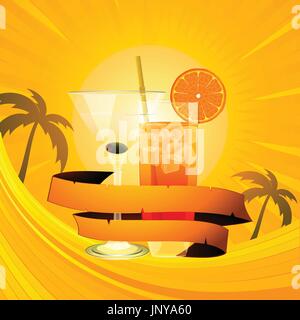 Cocktails Glasses with ice cubes and Orange Wrapped in a Vintage Banner Over Tropical Background Stock Vector