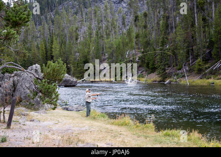 Angler on Firehole River in Yellowstone National Park Stock Photo