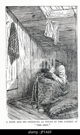 This illustration dates to 1899. The caption reads: A room and its occupant as found in the garret of 'The Ship.' This tenement house on Hamilton Street in New York City  was known as 'The Ship' - a narrow entrance to the rear leads to the garret rooms. Nearby was the Water Street Mission. Stock Photo