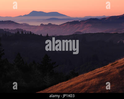 Mount St. Helena after Sunset Seen from over 50 Miles Away with Layers of Hills in the Foreground Stock Photo