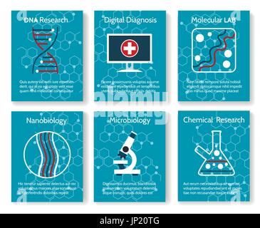 Nanobiology and microbiology research backgrounds. Vector medical and chemical dna testing laboratory card templates for healthy clinical concepts Stock Vector
