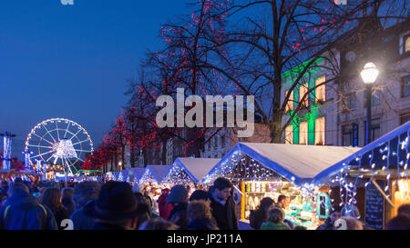 Brussels, Belgium - December 8, 2013: Christmas markets and lights in Place Sainte-Catherine, Brussels, Belgium Stock Photo