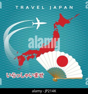 Japanese travel vector poster with japan map, airplane and fan on blue waves background Stock Vector