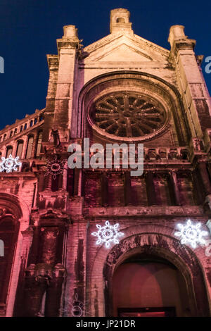 Brussels, Belgium - December 8, 2013: Christmas lights on the Sainte-Catherine church in Brussels, Belgium Stock Photo