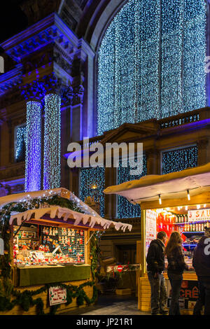 Brussels, Belgium - December 8, 2013: Christmas market booths and lights in Brussels, Belgium Stock Photo