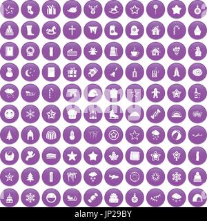 100 christmas icons set purple Stock Vector