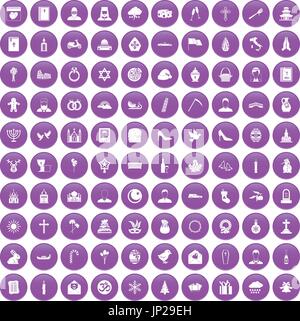 100 church icons set purple Stock Vector