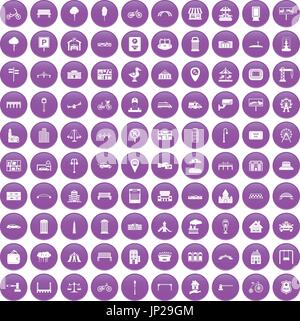 100 city icons set purple Stock Vector