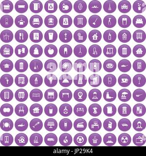 100 cleaning icons set purple Stock Vector