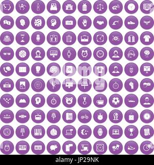 100 clock icons set purple Stock Vector