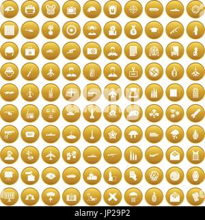 100 military journalist icons set gold Stock Vector