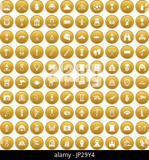 100 museum icons set gold Stock Vector