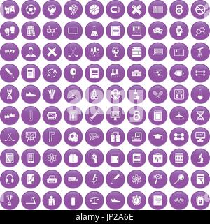 100 college icons set purple Stock Vector