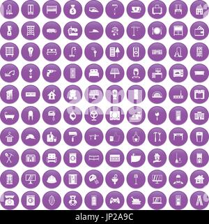 100 comfortable house icons set purple Stock Vector
