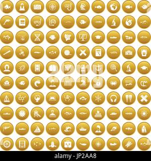 100 oceanologist icons set gold Stock Vector