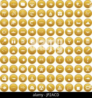 100 oceanology icons set gold Stock Vector