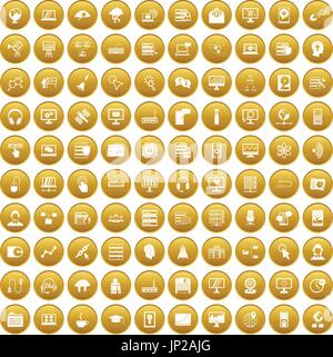 100 on-line seminar icons set gold Stock Vector