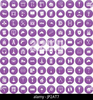 100 construction icons set purple Stock Vector