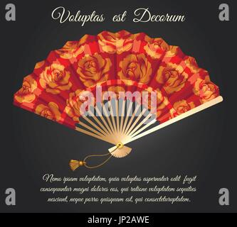 Rose flowers chinese folding fan poster. Opened fan with roses pattern vector isolated on black background Stock Vector