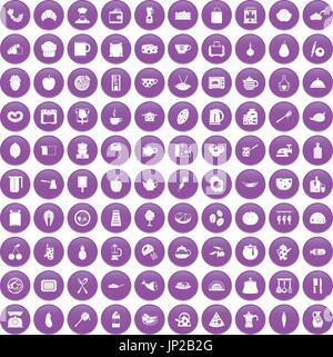 100 cooking icons set purple Stock Vector
