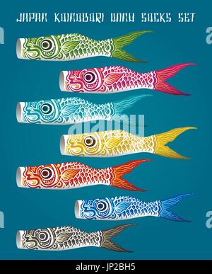 Japan fish flag set. Flying or carp streamers for japanese childrens day vector illustration Stock Vector