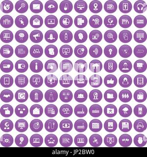 100 cyber security icons set purple Stock Vector