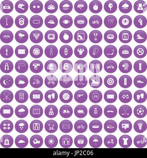 100 cycling icons set purple Stock Vector