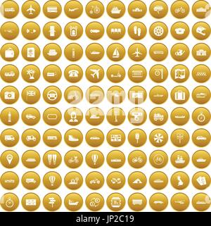 100 public transport icons set gold Stock Vector