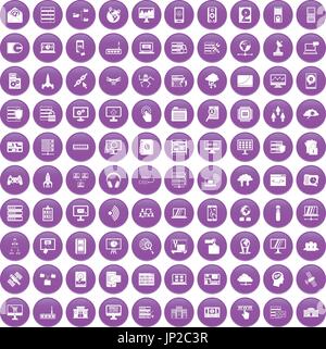 100 database and cloud icons set purple Stock Vector