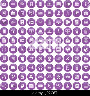 100 database icons set purple Stock Vector