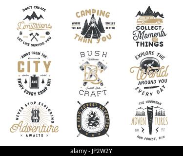 Vintage hand drawn travel badge and emblem set. Hiking labels. Outdoor adventure inspirational logos. Typography retro style. Motivational quotes for prints, t shirts, travel mug. Stock vector design Stock Vector