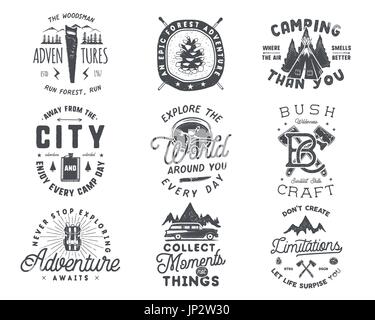 Vintage hand drawn travel badge and emblem set. Hiking labels. Outdoor adventure inspirational logos. Typography retro style. Motivational quotes for prints, t shirts. Stock vector design Stock Vector