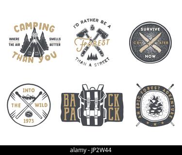 Vintage hand drawn travel badge and emblem set. Hiking labels. Outdoor adventure inspirational logos.Typography retro style. Motivational quotes for prints, t shirts, travel mug.Stock vector isolated Stock Vector