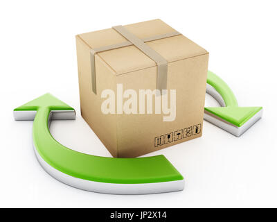 Cardboard box standing among the recycle arrows. 3D illustration. Stock Photo