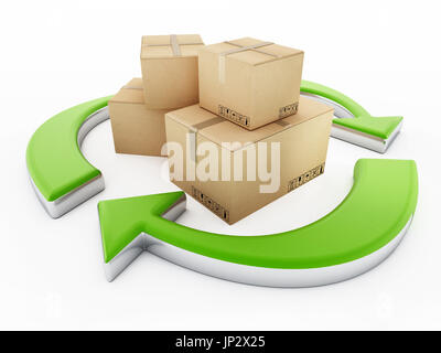 Cardboard box standing among the recycle arrows. 3D illustration. Stock Photo