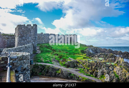Beautiful coast of the Isle of Man from Peel Hill with great wall of Peel Castle constructed by viking in Peel city, Isle of Man Stock Photo