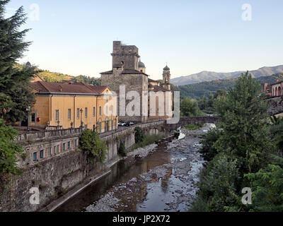 Pontremoli in Lunigiana, Italy. River view and Pink Theatre. Stock Photo