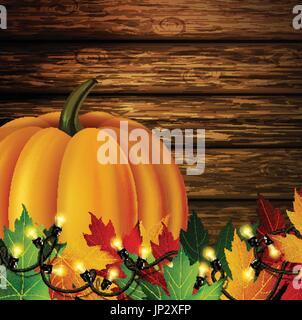 Autumn leaves and pumpkin on wooden texture Stock Vector